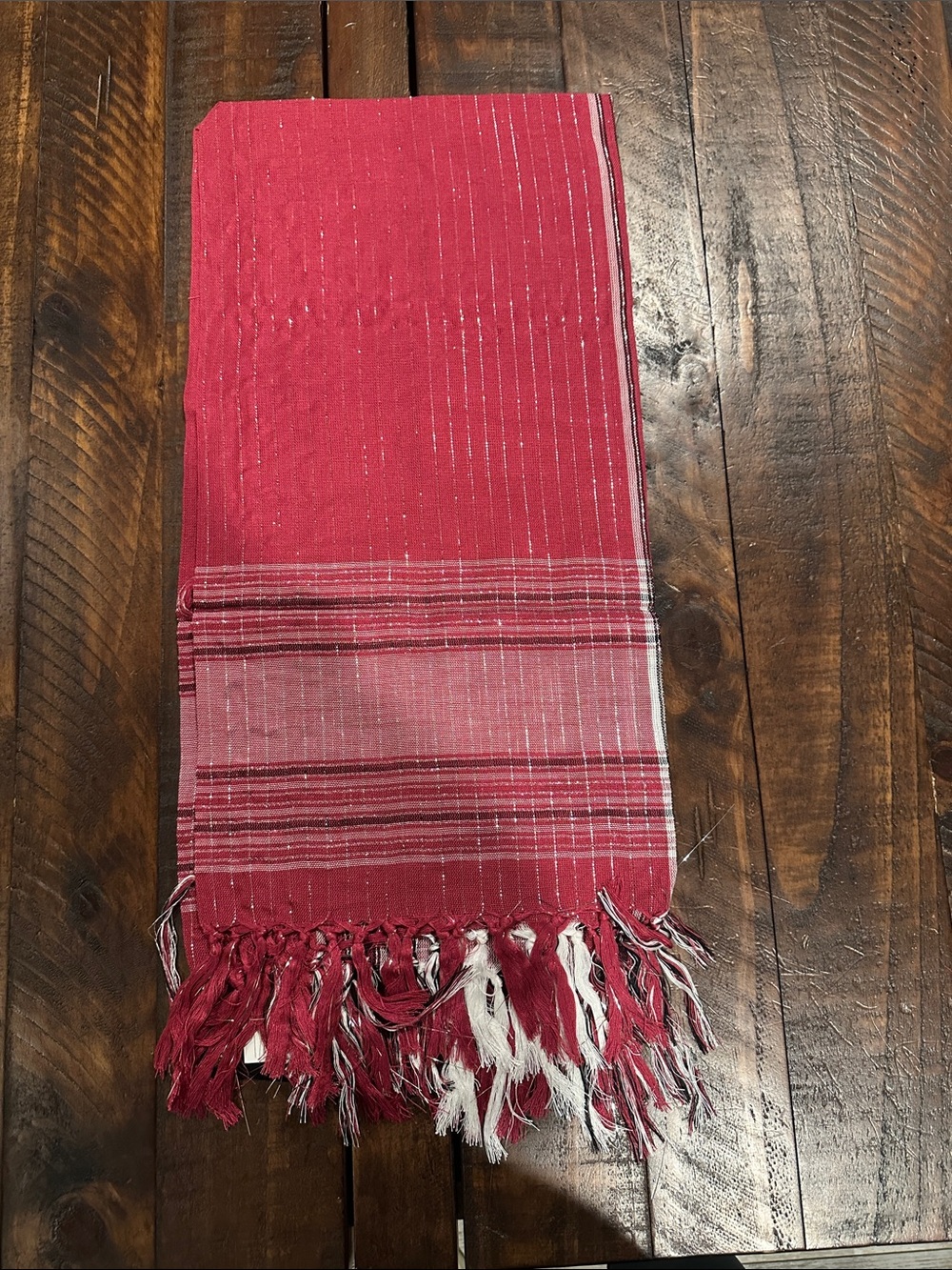 Red Striped Woven Fringe Scarf 🧣